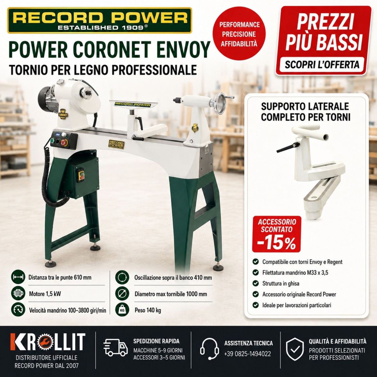 Kombinirani komplet stružnice za les Record Power CORONET ENVOY + Celotno stransko stojalo