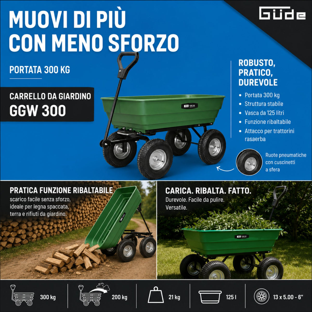 Vrtni voziček Güde GGW 300 – nosilnost 300 kg, korito 125 L, pnevmatike 13", srednji razred za naprednega hobista, ravnotežje, polmer obračanja 50 cm, nagib, vlečna kljuka za traktorček