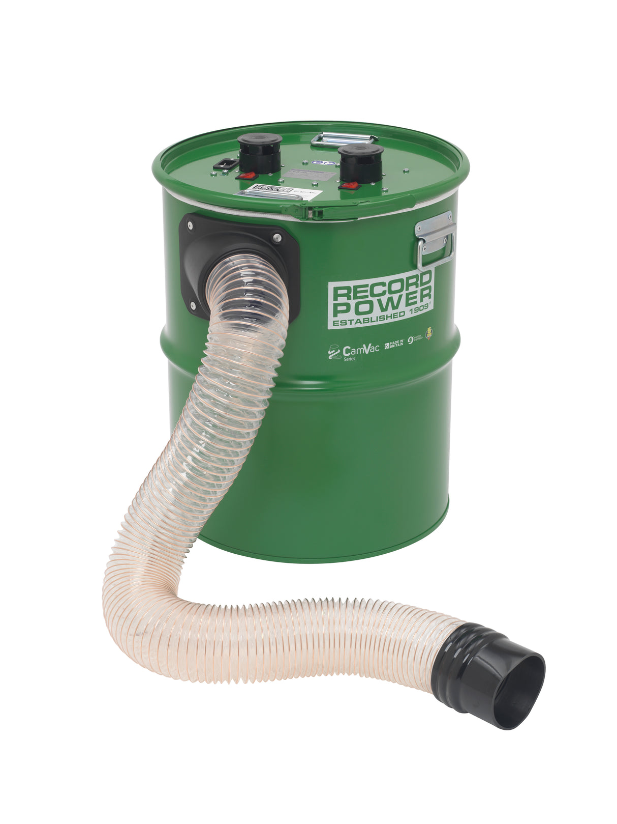 Aspiratore CamVac Record Power CGV386-5 con capacitĆ da 90 litri e doppio motore da 1 kW, progettato per applicazioni professionali in officine e falegnamerie.