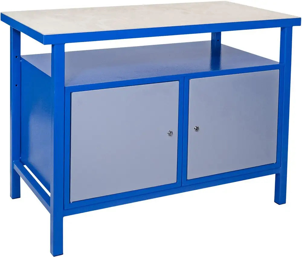 Banco da lavoro professionale Güde P 1200 TT con piano in faggio da 38 mm e doppio armadio con ante chiudibili, ideale per officina.