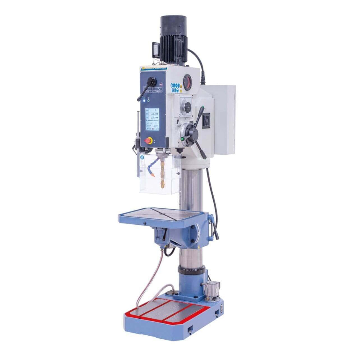 Trapano a ingranaggi Bernardo GB 55 NC Vario con touchscreen, 6 avanzamenti automatici, tavola inclinabile e pompa refrigerante integrata. Capacità di foratura fino a 50 mm.