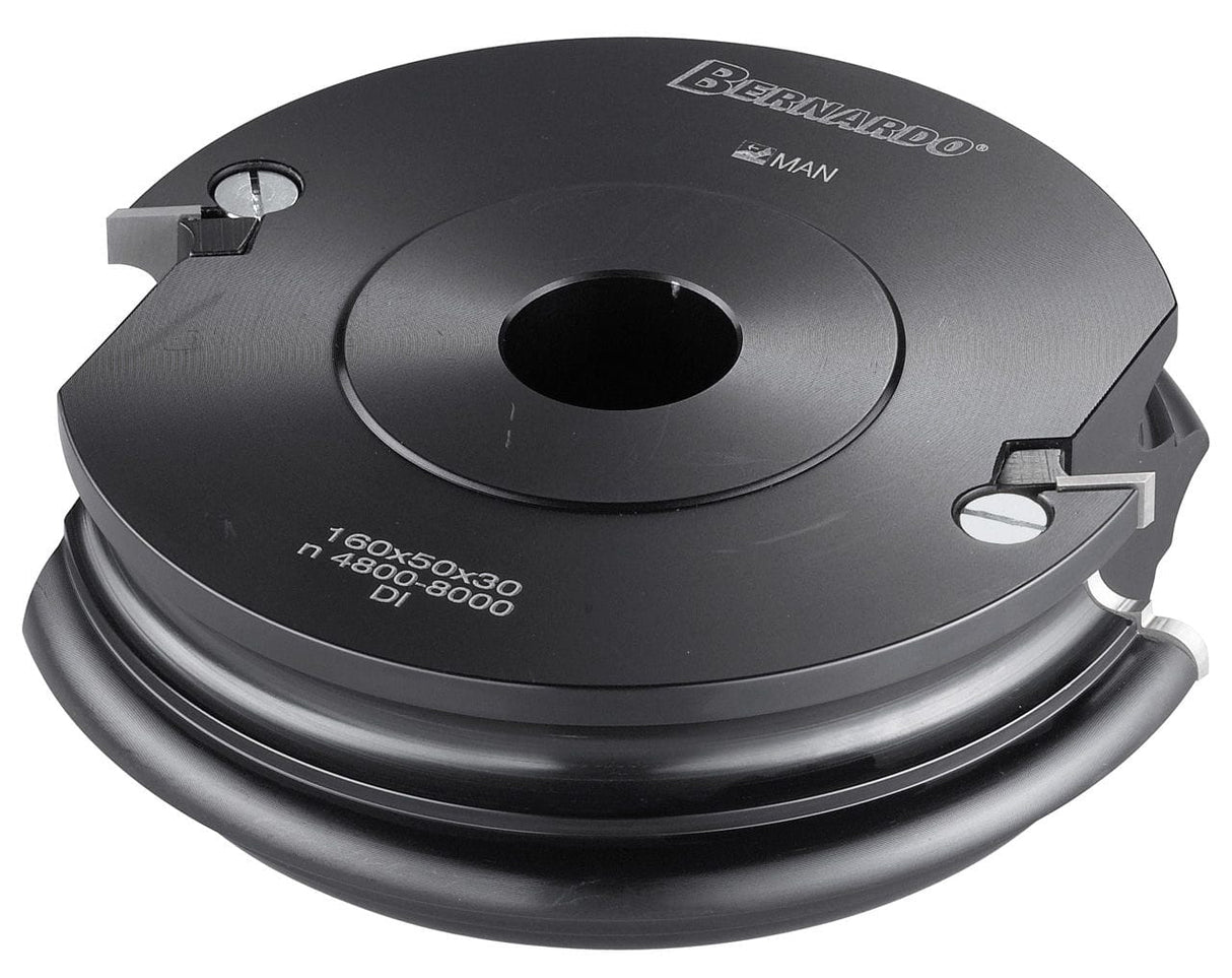 Testa multifunzione Bernardo Ć160 mm in lega di alluminio con altezza 50 mm e foro 30 mm, ideale per creare diversi profili e battute su legno con toupie e fresatrici verticali.