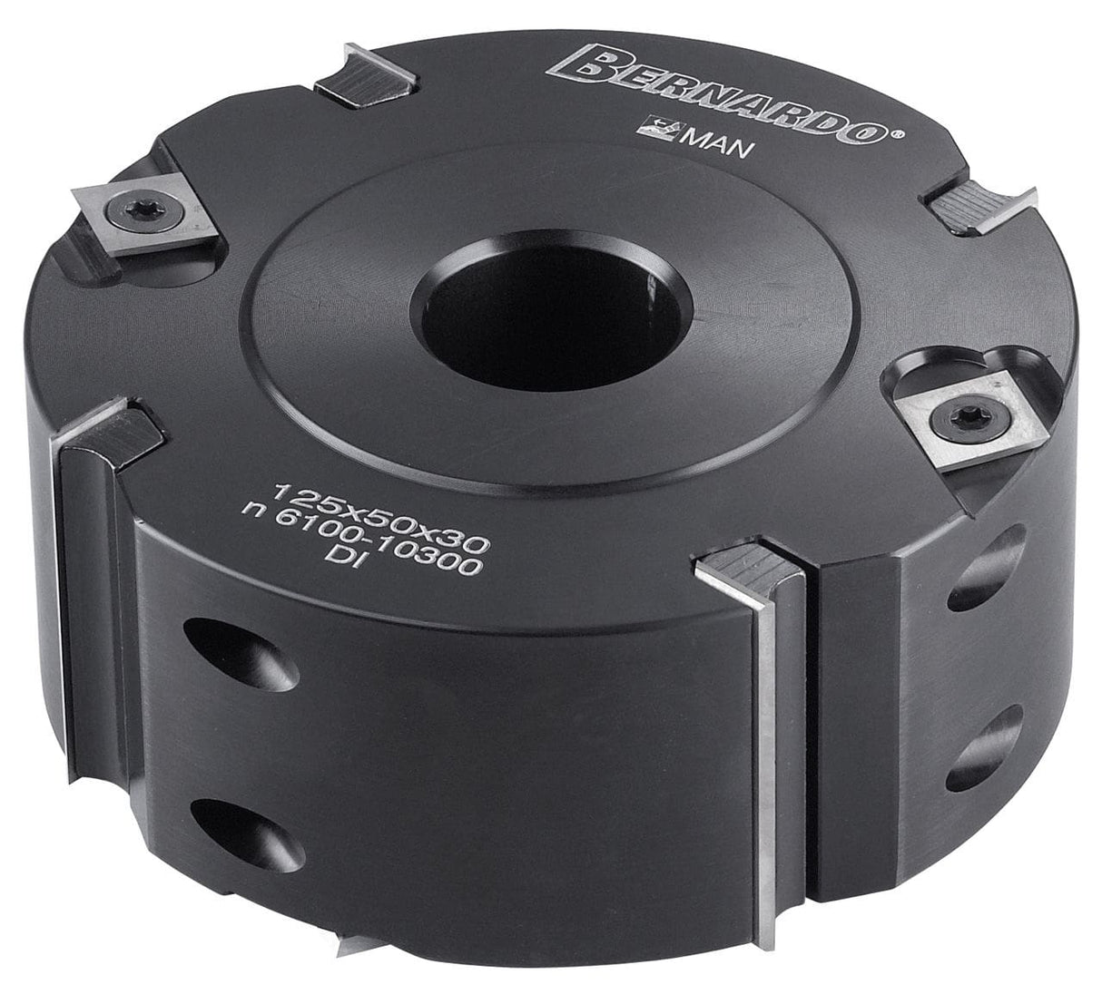 Bernardo testa per battuta Ć125 mm con 4 taglienti e 4 controtaglienti, altezza 50 mm e foro 30 mm, dotata di coltelli reversibili HW per fresatura precisa di legno e pannelli.