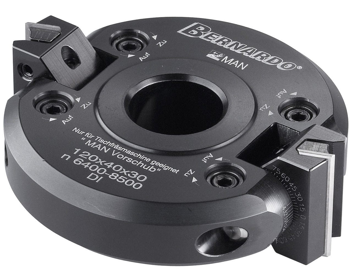 Testa regolabile a smusso Bernardo Ć120 mm, altezza 40 mm e foro 30 mm, con 2 taglienti HW e inclinazione regolabile fino a 45° per fresatura precisa di smussi e profili inclinati.