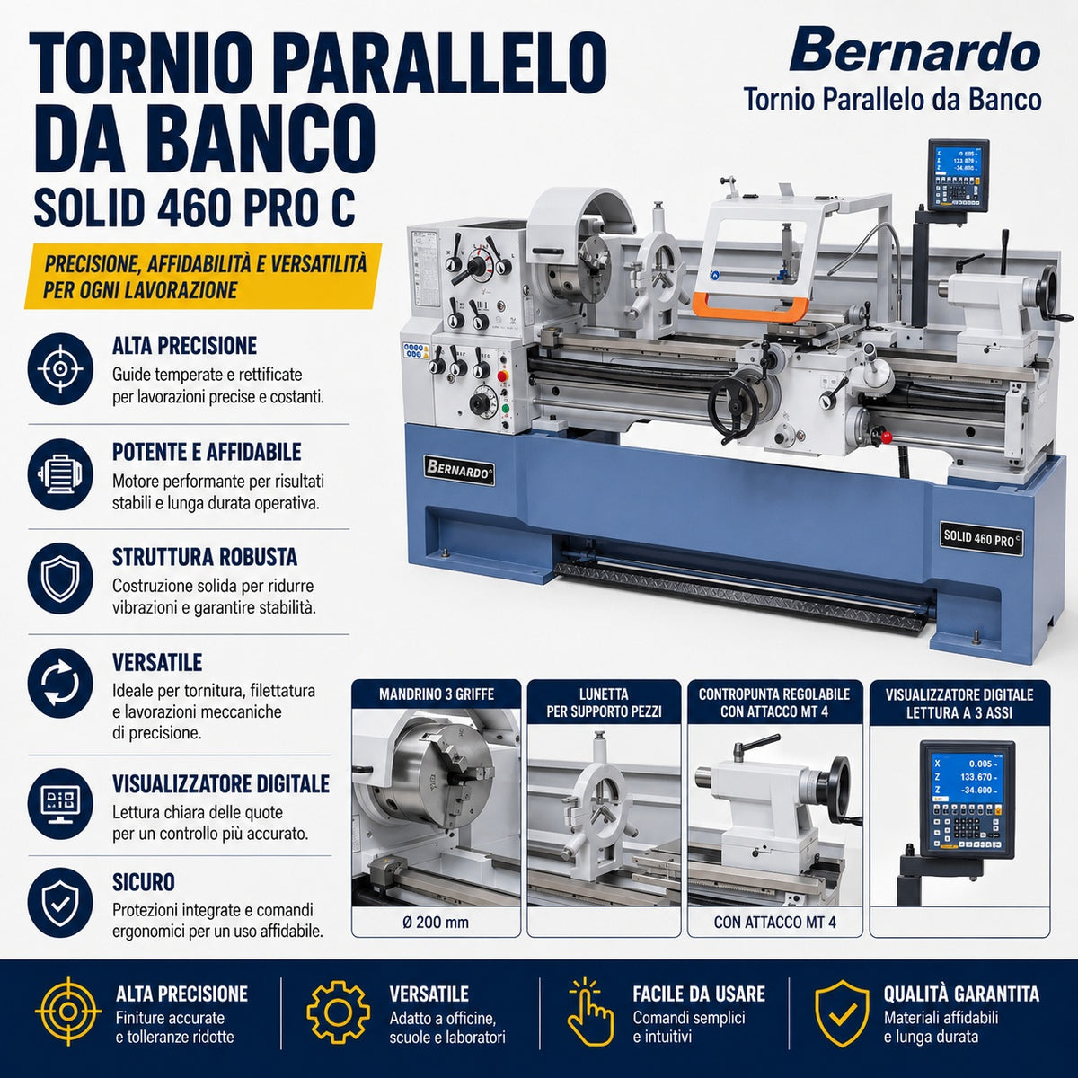Stružnica za kovino Bernardo Solid 460 x 1500 Pro s 3-osnim digitalnim odčitavanjem