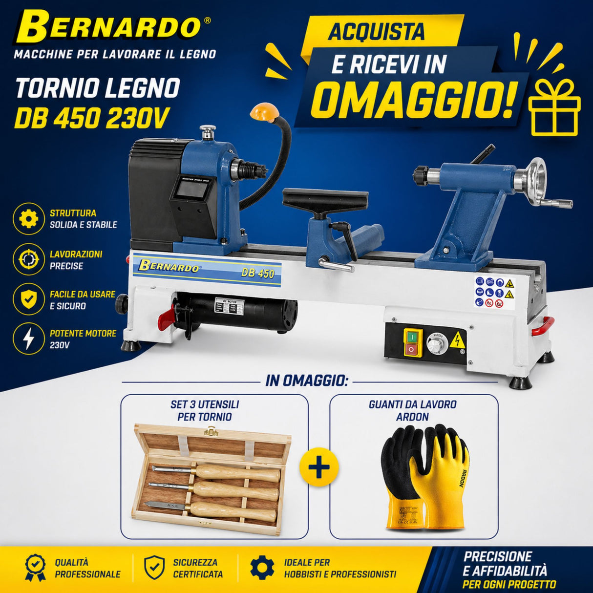 Tornio Bernardo Profi 450 S alimentazione 230V in versione combo, ideale per lavorazioni di tornitura su metallo con elevata precisione e affidabilità.