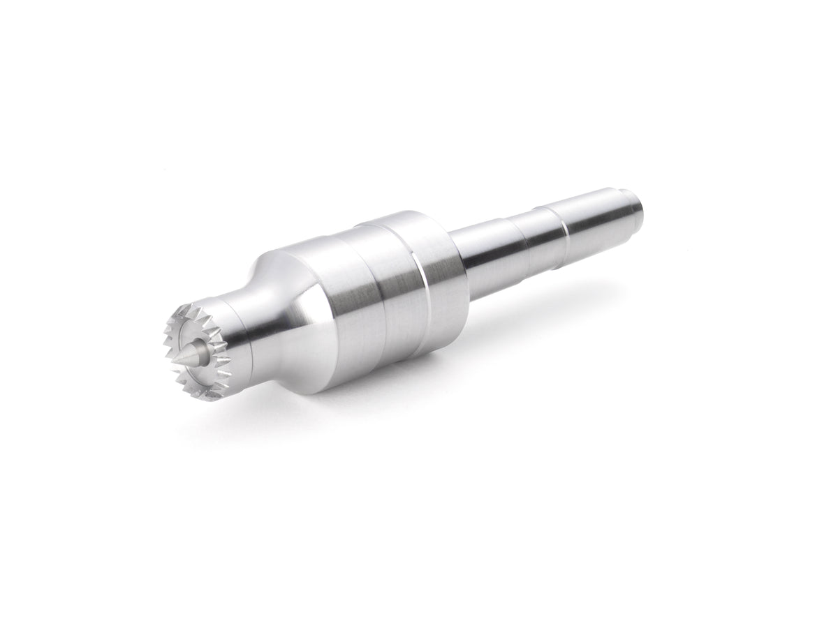 Contropunta rotante Record Power Coronet Falcon a denti multipli con perno elastico regolabile, ideale per tornitura sicura di legni duri, pezzi laminati e grandi dimensioni.