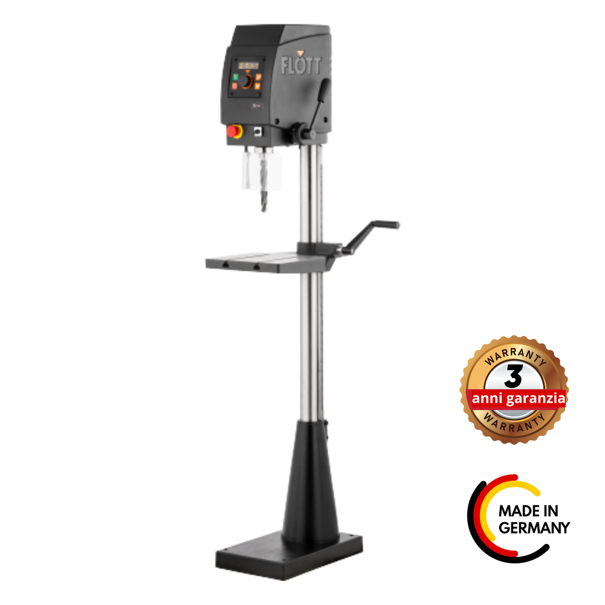 Trapano a colonna Flott SB 15 Plus con motore 230V, display OLED e velocitĆ regolabile 40ā4000 rpm, ideale per officine e lavorazioni di precisione.