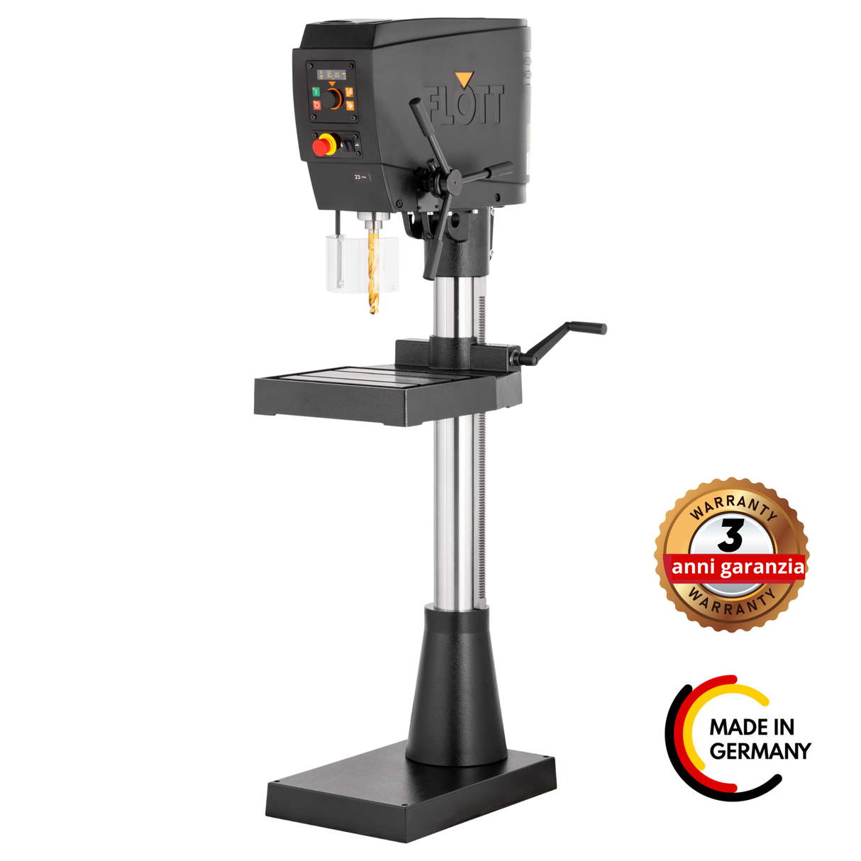 Trapano a colonna Flott SB 23 Plus con motore 400V, regolazione continua della velocitĆ e robusta colonna da 110 mm per lavorazioni industriali.