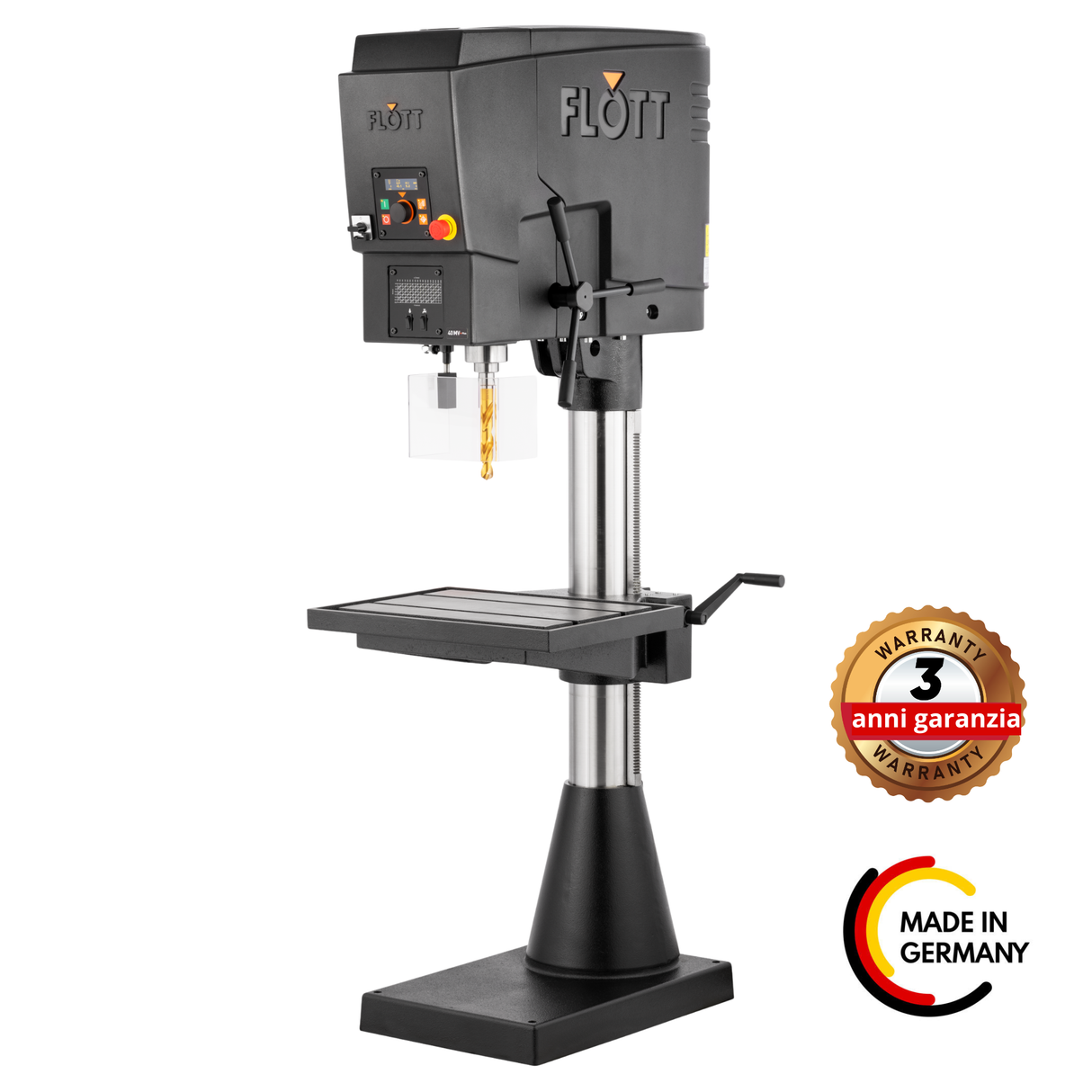 Trapano a colonna Flott SB 40 Plus con motore 4 kW, tre gamme di velocitĆ e robusta colonna Ć 140 mm, ideale per forature pesanti e filettature fino a M36.