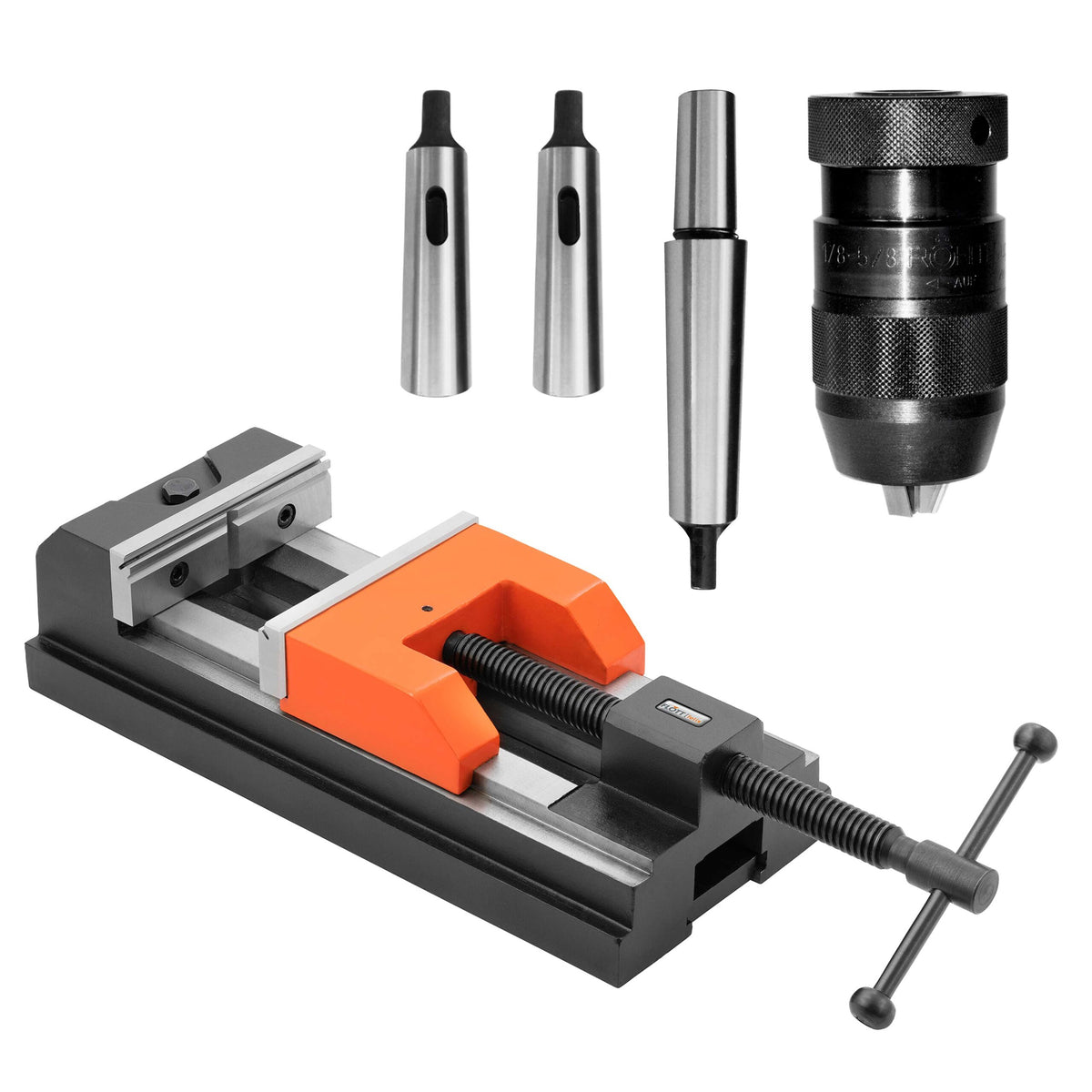 Kit di foratura Flott con morsa felix 2.0 da 150 mm, mandrino autoserrante 3–16 mm B18, codolo MK4/B18 e bussole di riduzione MK4/MK3 e MK4/MK2.