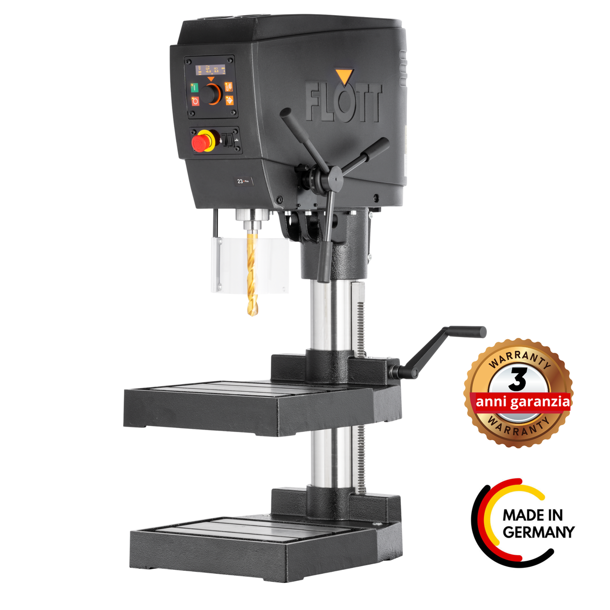 Trapano da banco Flott TB 25 Plus con motore 400V, attacco MK III, regolazione continua della velocitĆ e solida colonna da 110 mm.