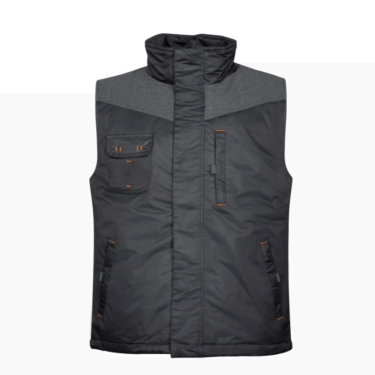 Gilet ARDON® BEN nero/grigio con dettagli arancioni, imbottitura termica e tasche con zip, ideale per lavori invernali all’aperto.