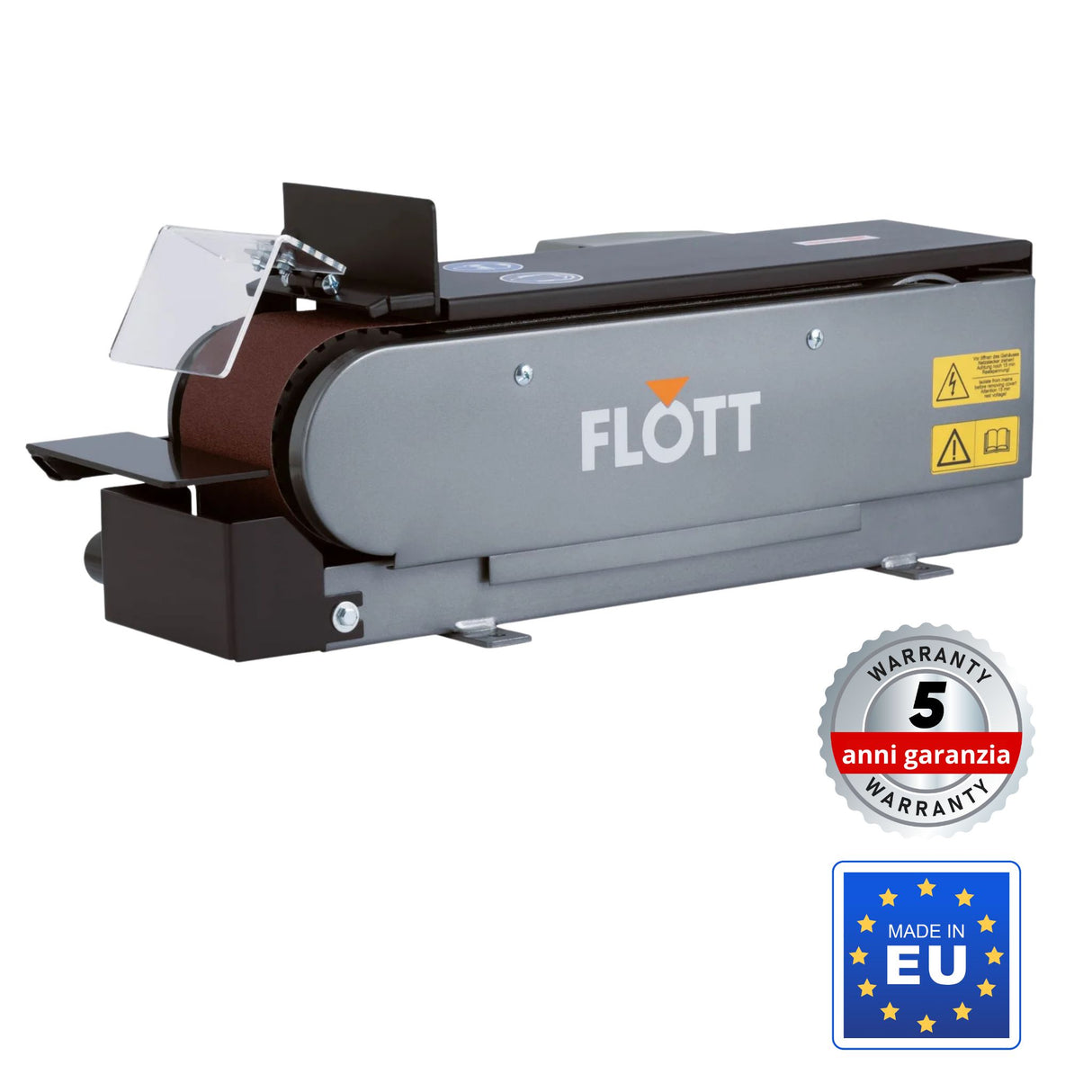Levigatrice a nastro Flott TBSM 100 con nastro da 1220 x 100 mm, motore da 0,75 kW e attacco aspirazione Ć 35 mm, ideale per levigatura e sbavatura di precisione.