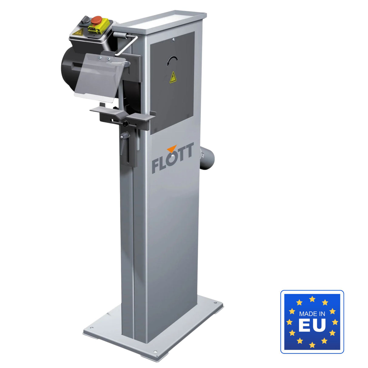 Macchina per sbavatura Flott BEM 250 Plus 400 V con motore da 2,1 kW, doppia velocitĆ , spazzola in acciaio da 250 mm e attacco per aspirazione Ć 80 mm.