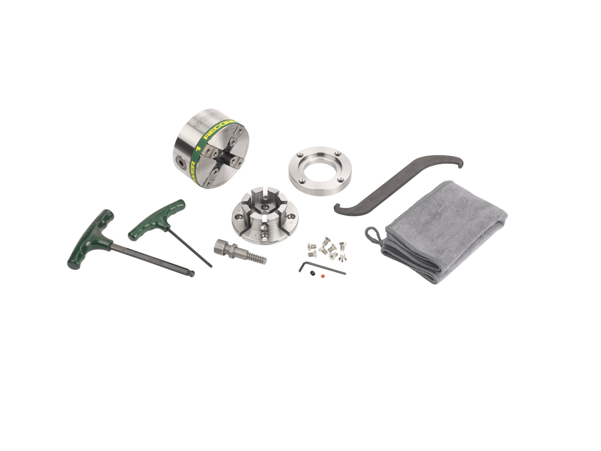 Mandrino Record Power Victory M33 DT con ganasce modulari VersaLock da 50 mm, anello flangia e accessori completi per tornitura professionale del legno.