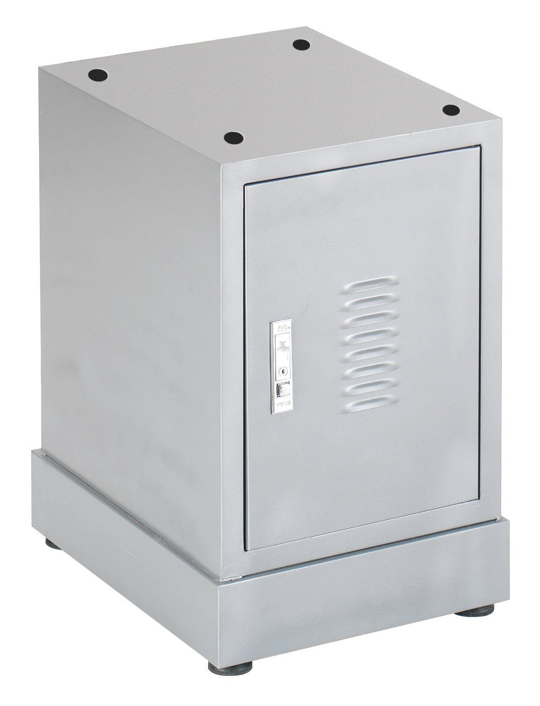 Il mobiletto Record Power FM25/A ĆØ mostrato in struttura metallica verniciata con porta frontale dotata di serratura. Il ripiano interno ĆØ visibile allāapertura e la superficie superiore supporta macchine da banco come mortasatrici, seghe a nastro o trapani, evidenziando robustezza e stabilitĆ .