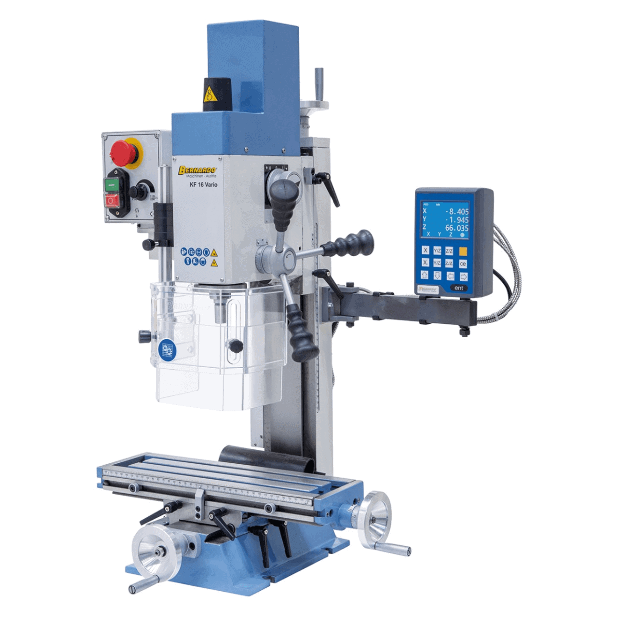 Vrtalno-rezkalni stroj Bernardo KF 16 Vario s 3-osnim DRO DT 40 – vrtanje Ø 16 mm, čelno rezkar Ø 50 mm, miza 400 × 120 mm, nagibna glava -90°/+90°, motor 0,5 kW, enofazni 230 V, teža 60 kg