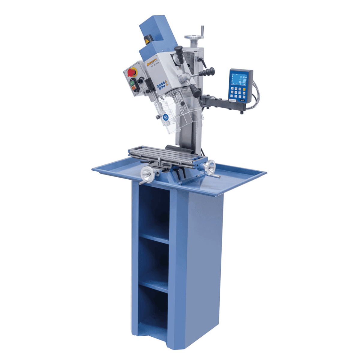Vrtalno-rezkalni stroj Bernardo KF 16 Vario s 3-osnim DRO DT 40 – vrtanje Ø 16 mm, čelno rezkar Ø 50 mm, miza 400 × 120 mm, nagibna glava -90°/+90°, motor 0,5 kW, enofazni 230 V, teža 60 kg