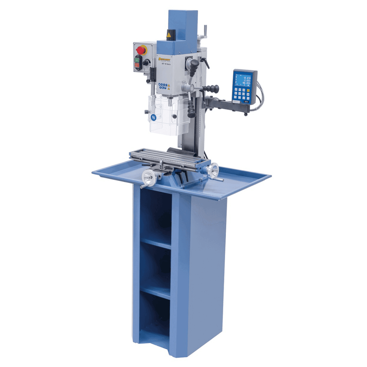 Vrtalno-rezkalni stroj Bernardo KF 16 Vario s 3-osnim DRO DT 40 – vrtanje Ø 16 mm, čelno rezkar Ø 50 mm, miza 400 × 120 mm, nagibna glava -90°/+90°, motor 0,5 kW, enofazni 230 V, teža 60 kg