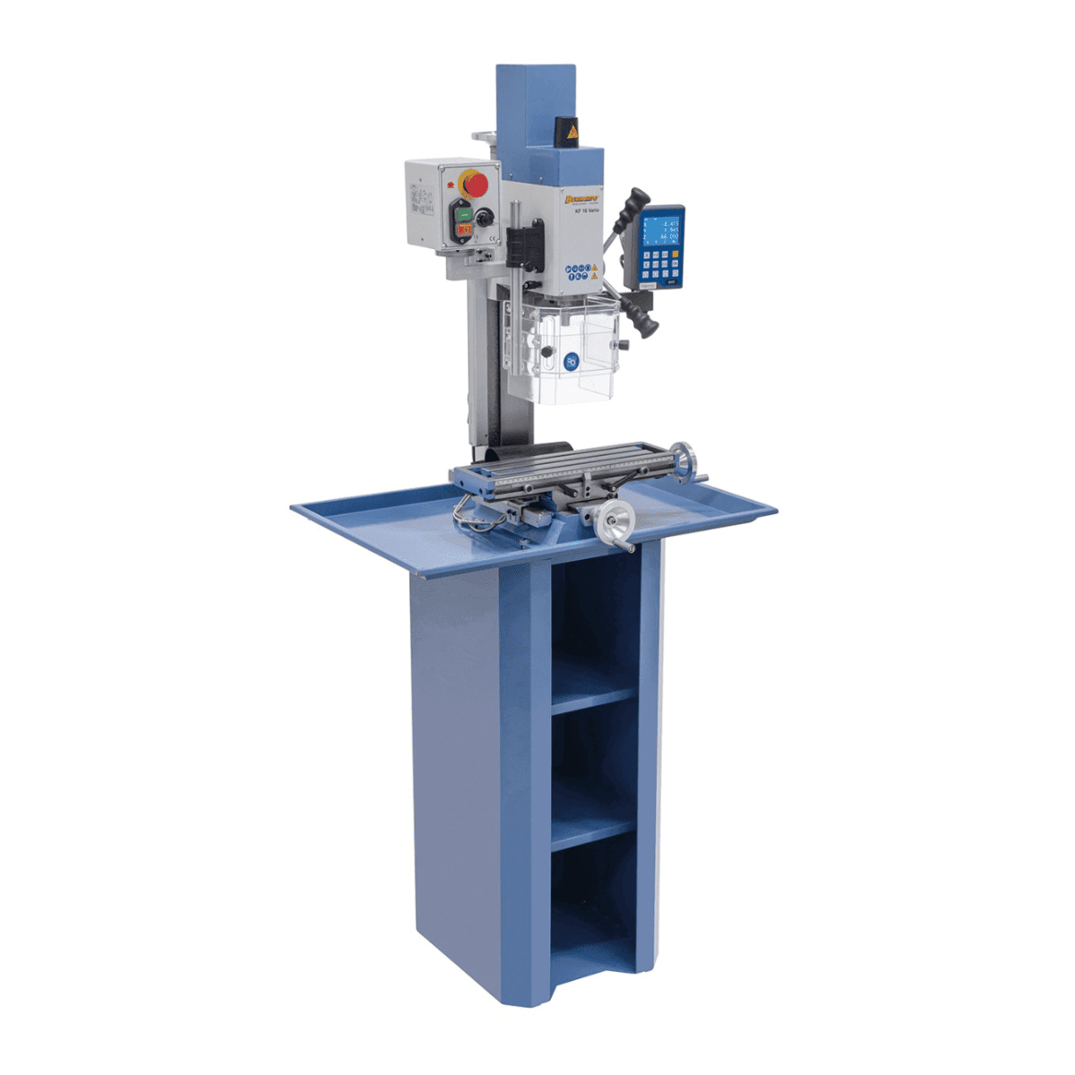 Vrtalno-rezkalni stroj Bernardo KF 16 Vario s 3-osnim DRO DT 40 – vrtanje Ø 16 mm, čelno rezkar Ø 50 mm, miza 400 × 120 mm, nagibna glava -90°/+90°, motor 0,5 kW, enofazni 230 V, teža 60 kg