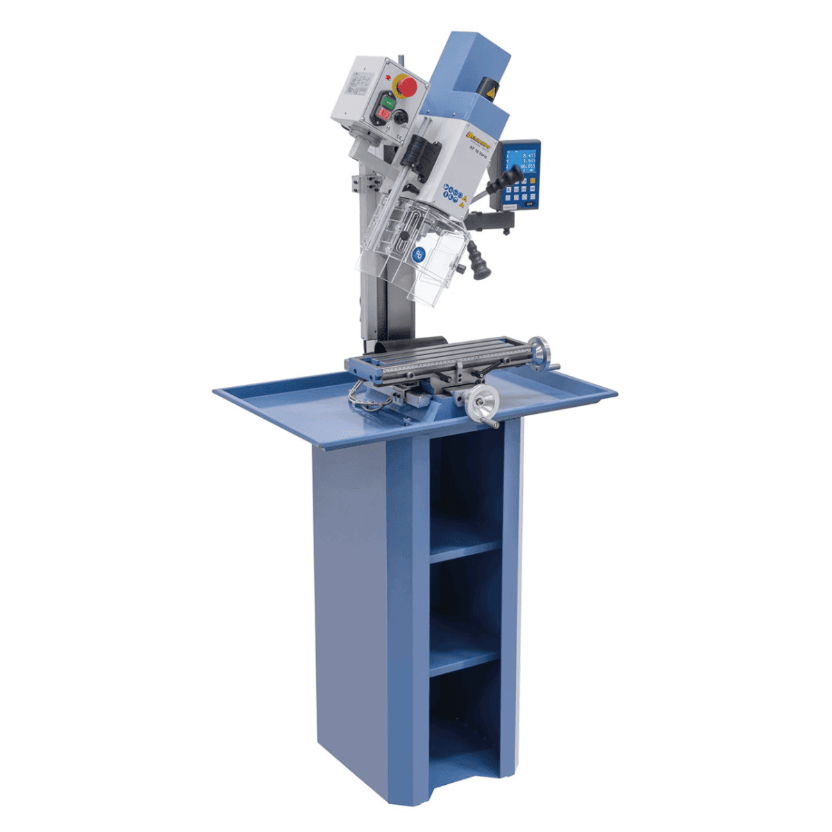 Vrtalno-rezkalni stroj Bernardo KF 16 Vario s 3-osnim DRO DT 40 – vrtanje Ø 16 mm, čelno rezkar Ø 50 mm, miza 400 × 120 mm, nagibna glava -90°/+90°, motor 0,5 kW, enofazni 230 V, teža 60 kg
