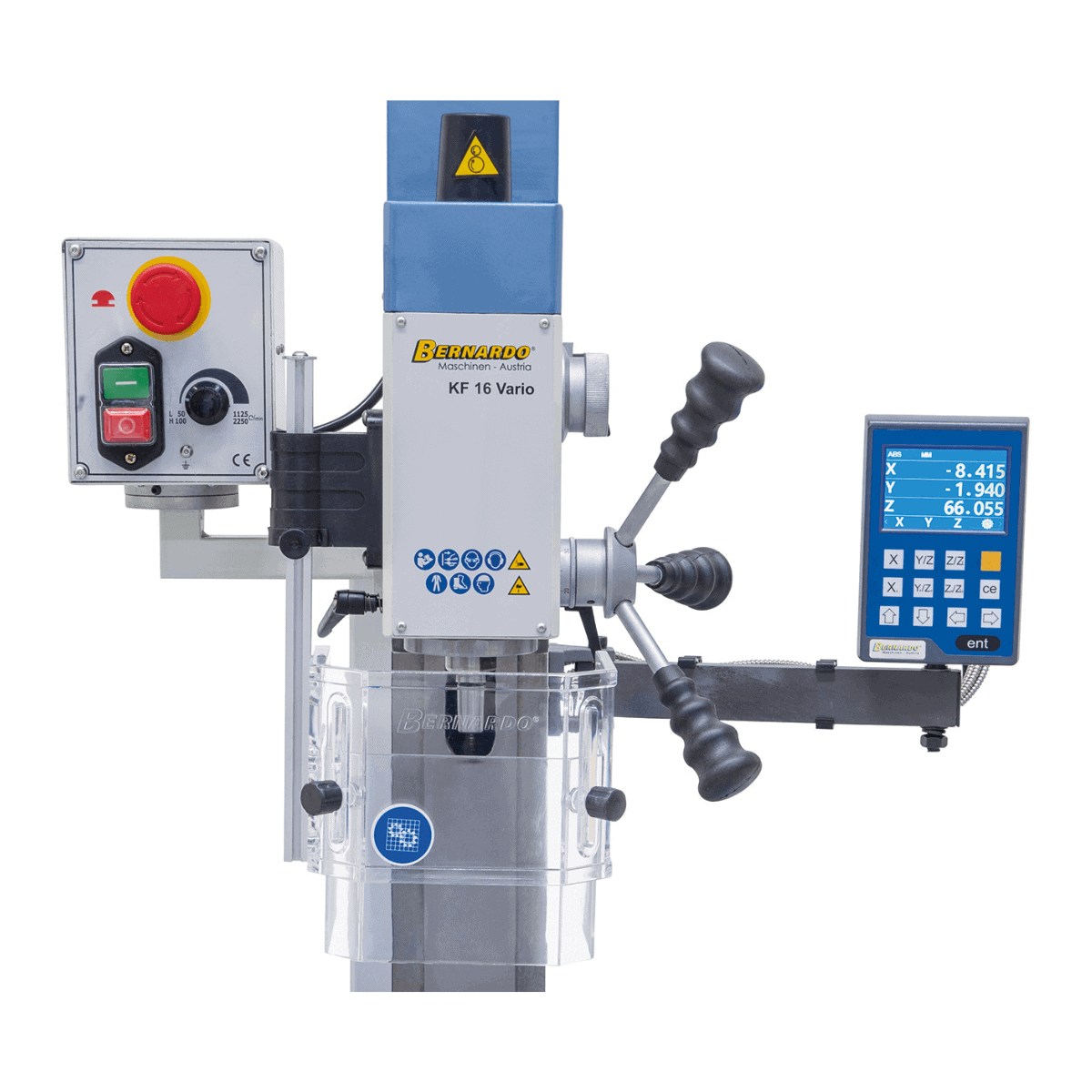 Vrtalno-rezkalni stroj Bernardo KF 16 Vario s 3-osnim DRO DT 40 – vrtanje Ø 16 mm, čelno rezkar Ø 50 mm, miza 400 × 120 mm, nagibna glava -90°/+90°, motor 0,5 kW, enofazni 230 V, teža 60 kg