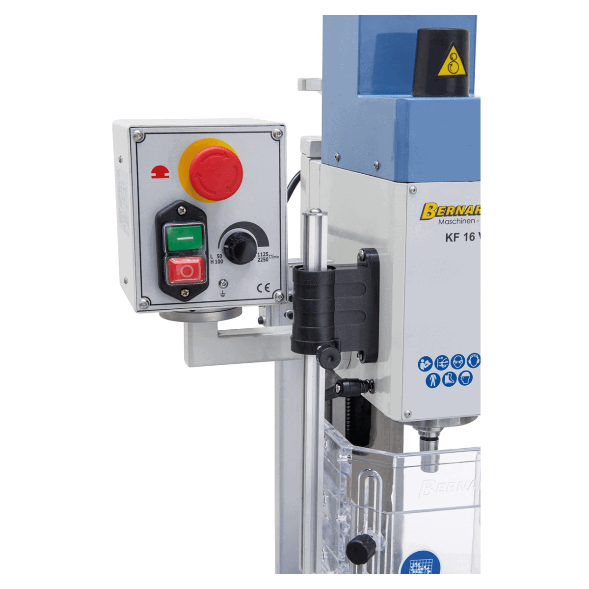Vrtalno-rezkalni stroj Bernardo KF 16 Vario s 3-osnim DRO DT 40 – vrtanje Ø 16 mm, čelno rezkar Ø 50 mm, miza 400 × 120 mm, nagibna glava -90°/+90°, motor 0,5 kW, enofazni 230 V, teža 60 kg