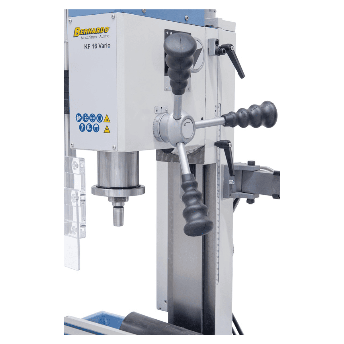 Vrtalno-rezkalni stroj Bernardo KF 16 Vario s 3-osnim DRO DT 40 – vrtanje Ø 16 mm, čelno rezkar Ø 50 mm, miza 400 × 120 mm, nagibna glava -90°/+90°, motor 0,5 kW, enofazni 230 V, teža 60 kg
