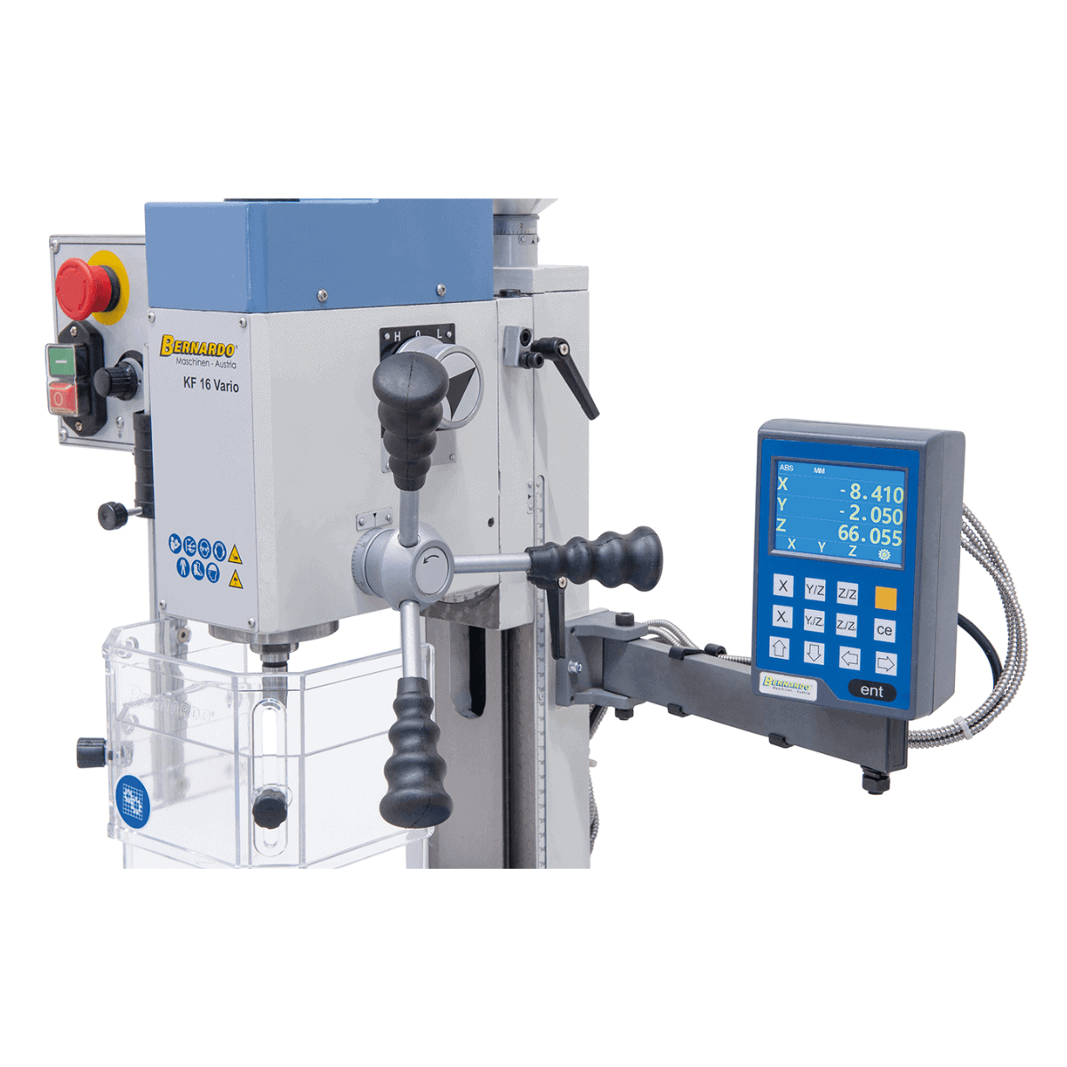 Vrtalno-rezkalni stroj Bernardo KF 16 Vario s 3-osnim DRO DT 40 – vrtanje Ø 16 mm, čelno rezkar Ø 50 mm, miza 400 × 120 mm, nagibna glava -90°/+90°, motor 0,5 kW, enofazni 230 V, teža 60 kg