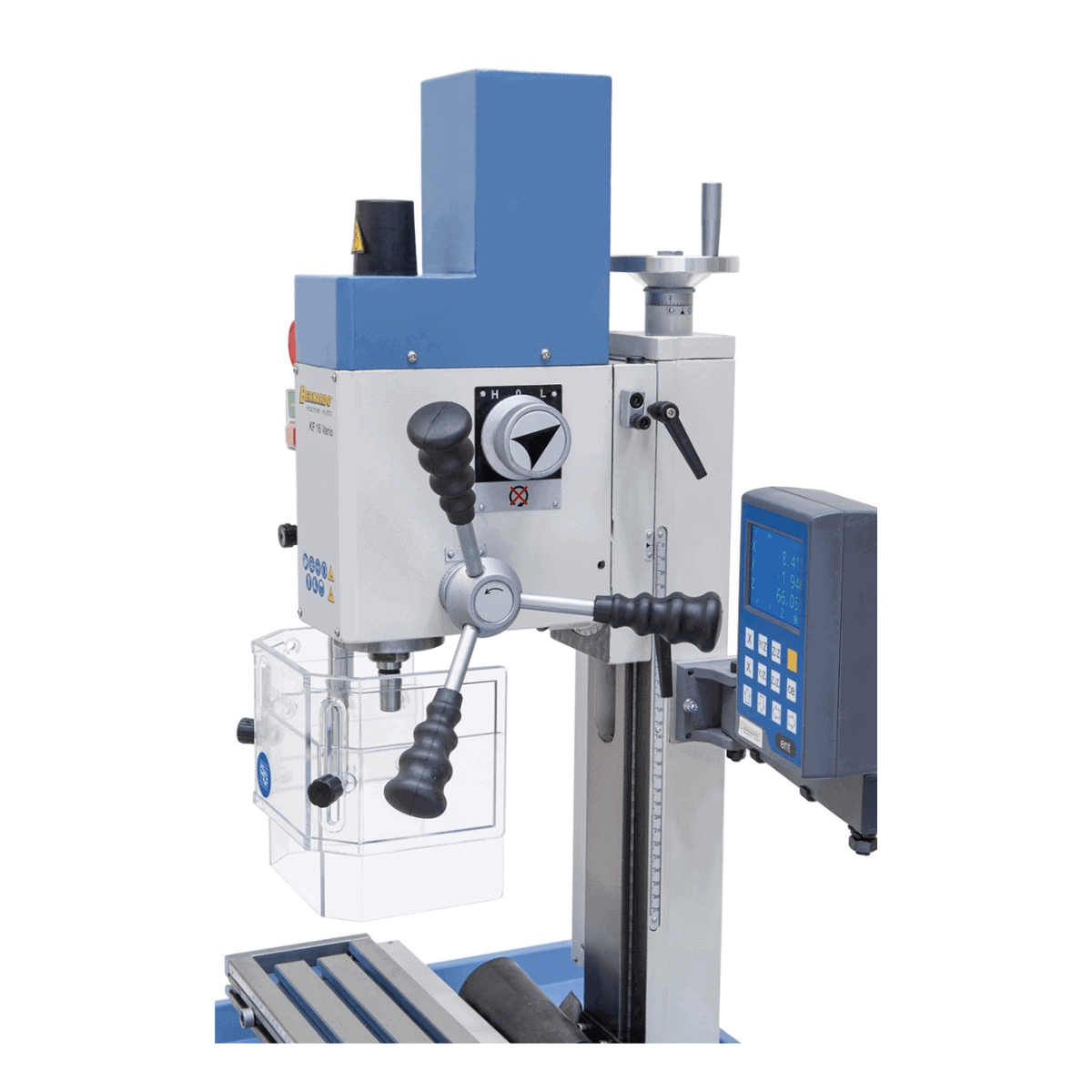 Vrtalno-rezkalni stroj Bernardo KF 16 Vario s 3-osnim DRO DT 40 – vrtanje Ø 16 mm, čelno rezkar Ø 50 mm, miza 400 × 120 mm, nagibna glava -90°/+90°, motor 0,5 kW, enofazni 230 V, teža 60 kg