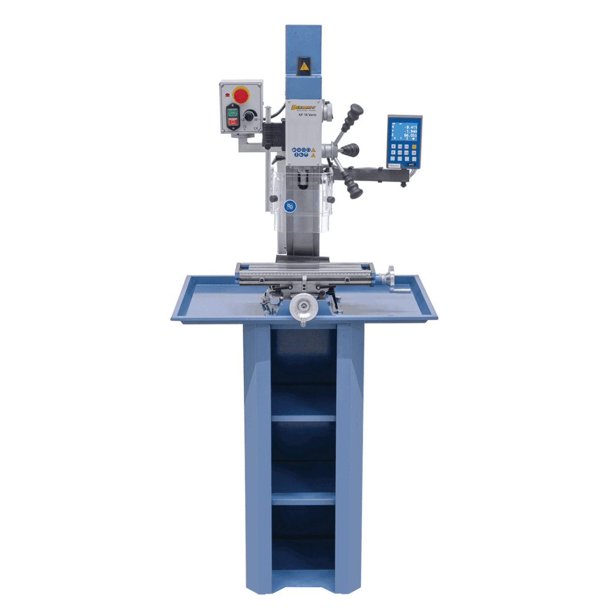 Vrtalno-rezkalni stroj Bernardo KF 16 Vario s 3-osnim DRO DT 40 – vrtanje Ø 16 mm, čelno rezkar Ø 50 mm, miza 400 × 120 mm, nagibna glava -90°/+90°, motor 0,5 kW, enofazni 230 V, teža 60 kg