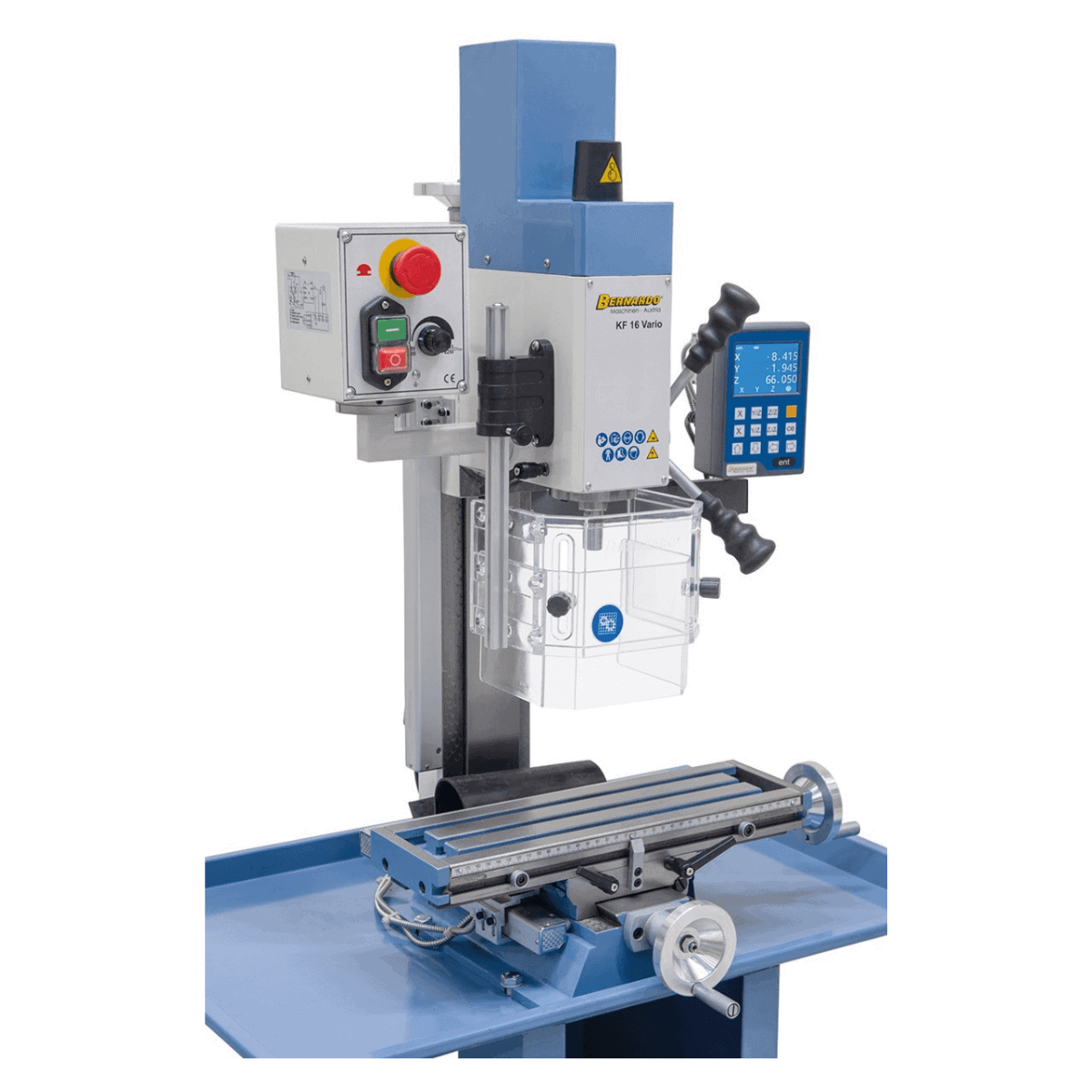 Vrtalno-rezkalni stroj Bernardo KF 16 Vario s 3-osnim DRO DT 40 – vrtanje Ø 16 mm, čelno rezkar Ø 50 mm, miza 400 × 120 mm, nagibna glava -90°/+90°, motor 0,5 kW, enofazni 230 V, teža 60 kg