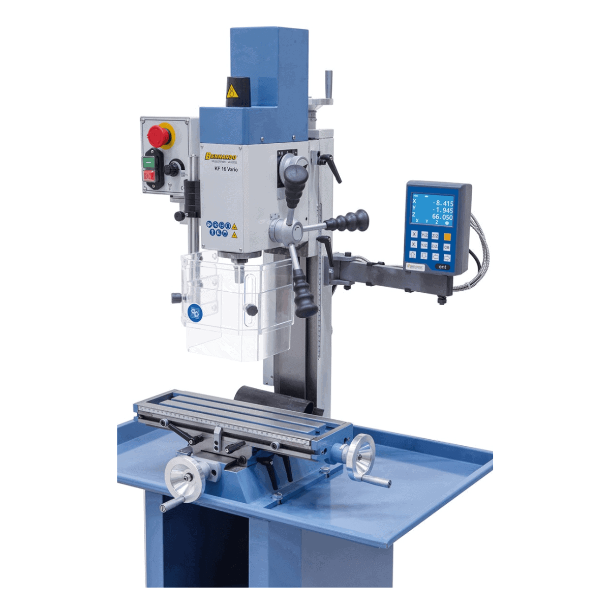 Vrtalno-rezkalni stroj Bernardo KF 16 Vario s 3-osnim DRO DT 40 – vrtanje Ø 16 mm, čelno rezkar Ø 50 mm, miza 400 × 120 mm, nagibna glava -90°/+90°, motor 0,5 kW, enofazni 230 V, teža 60 kg