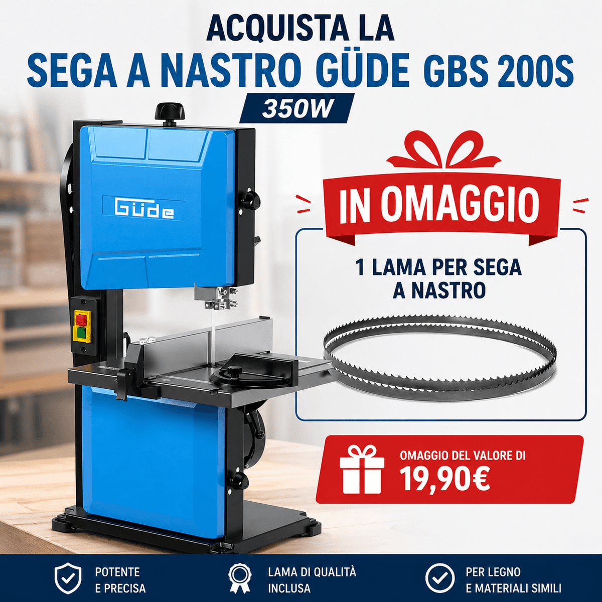 Sega a nastro Güde GBS 200S 350W compatta e versatile, ideale per tagli precisi su legno e materiali simili. Dotata di motore da 350W, struttura stabile e piano di lavoro regolabile, rappresenta la soluzione perfetta per hobbisti evoluti e piccoli laboratori.