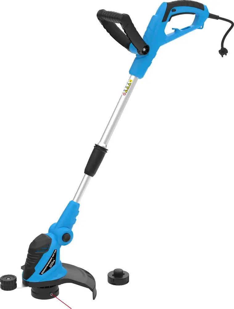 Güde GRT 550 ā Tagliabordi elettrico da 550 W con sistema a doppio filo, testina inclinabile 5 posizioni, manico telescopico e ruota di guida per bordatura precisa.