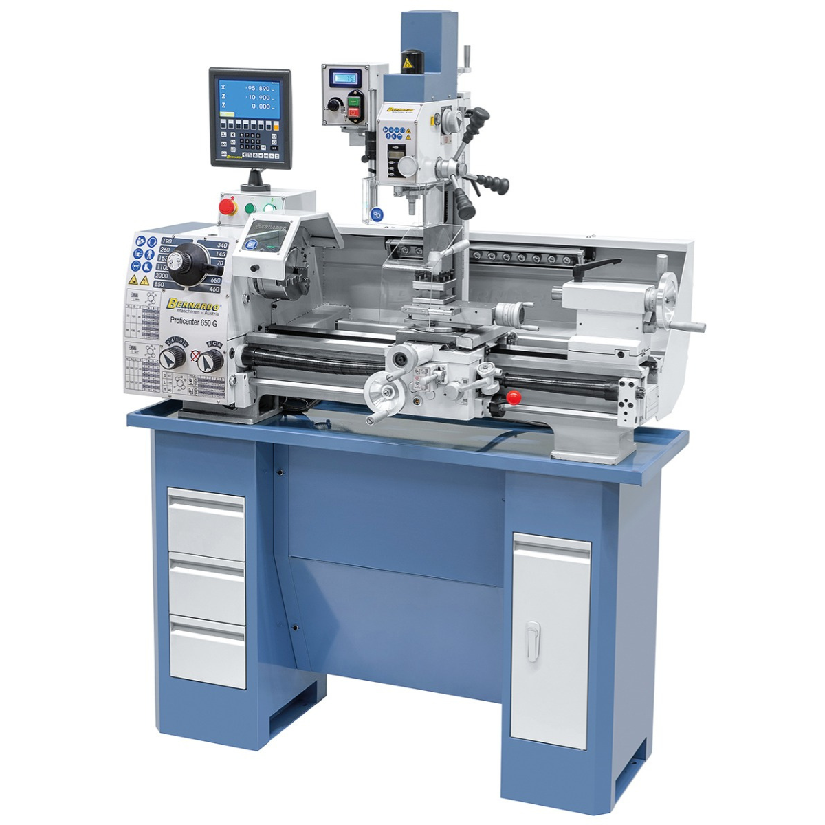 Tornio combinato Bernardo Proficenter 650 G con distanza punte 650 mm, testa fresatrice inclinabile e DRO digitale a 2 assi ES-12 V.
