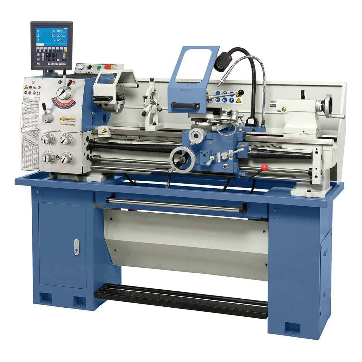 Tornio Bernardo Standard 165 Top, Ø banco 350 mm, incavo 220 mm, DRO ES-12 V e torretta Multifix a cambio rapido.