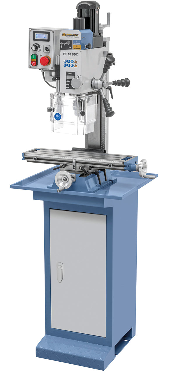 Trapano-fresa Bernardo BF 18 BDC con motore a corrente continua, testa inclinabile e display digitale per controllo di velocitĆ e profonditĆ .