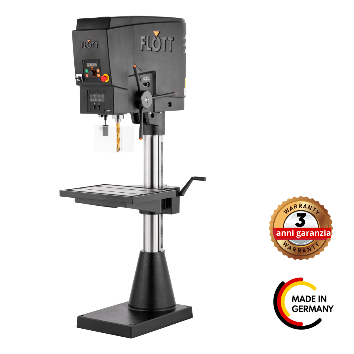 Trapano a colonna universale Flott SB 30 MV Plus con pannello OLED, tre gamme di velocità e sistema di avanzamento meccanico.
