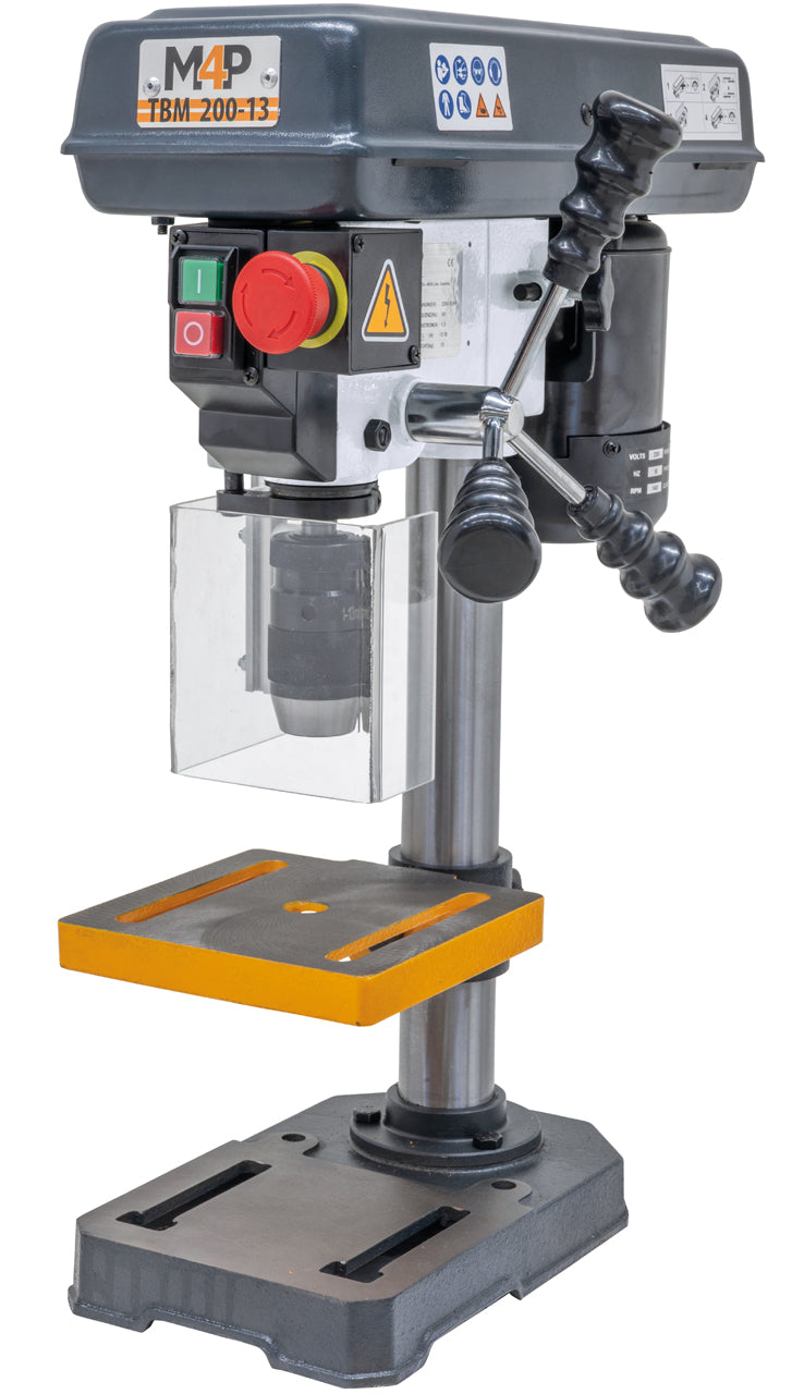 Trapano a colonna da banco TBM 200-13 da 230 V con mandrino autoserrante da 1 a 13 mm e piano di lavoro inclinabile a 45 gradi