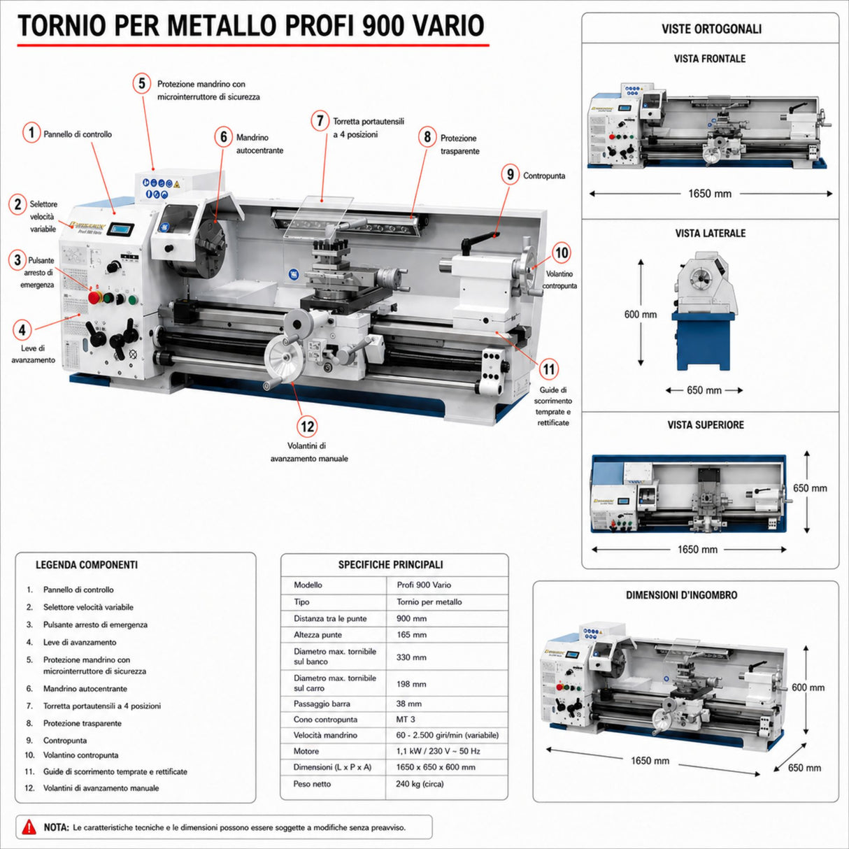 Bernardo Profi 900 Vario stružnica za kovino – 230 V