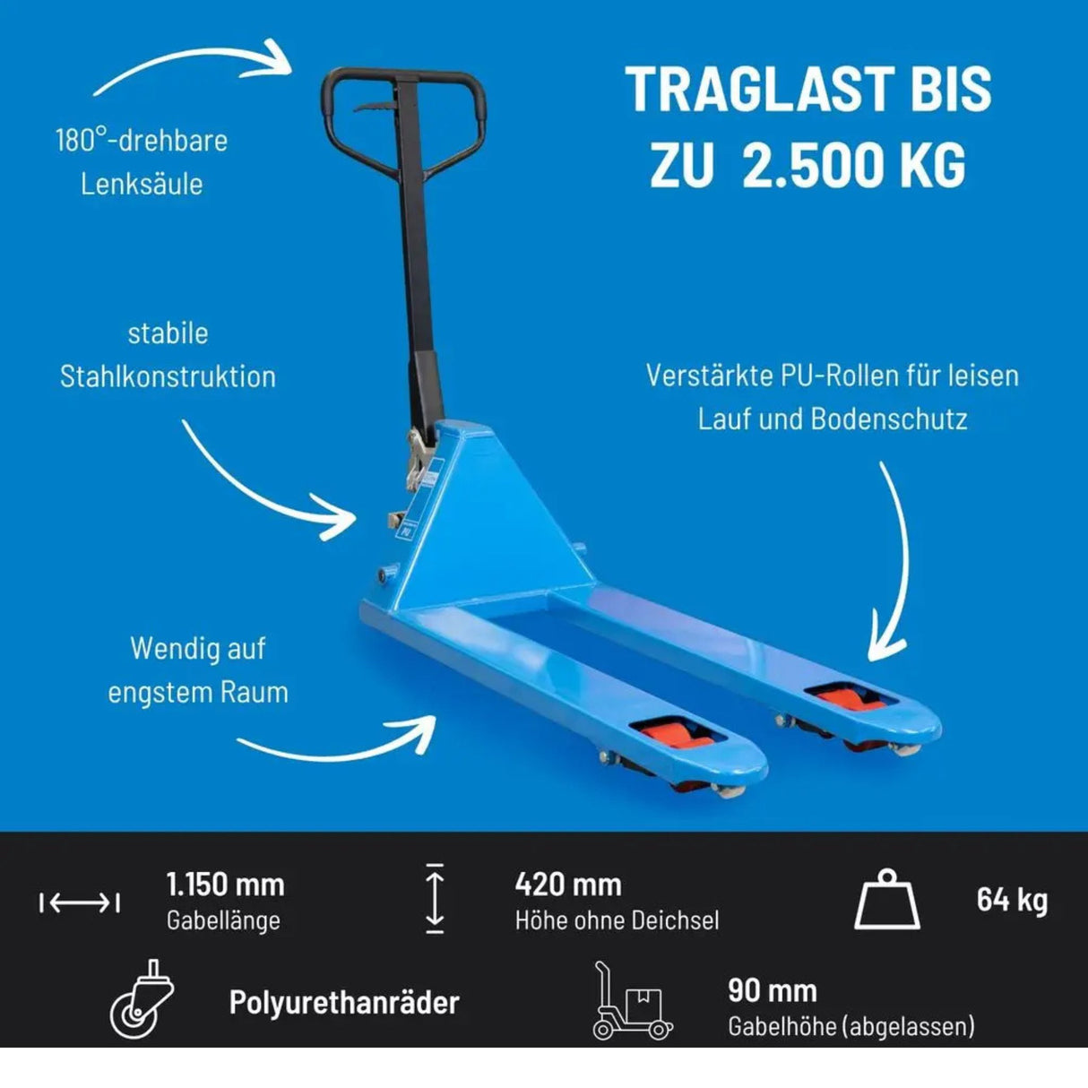 Ročni paletni viličar Güde 2500 kg – PU (poliuretan)