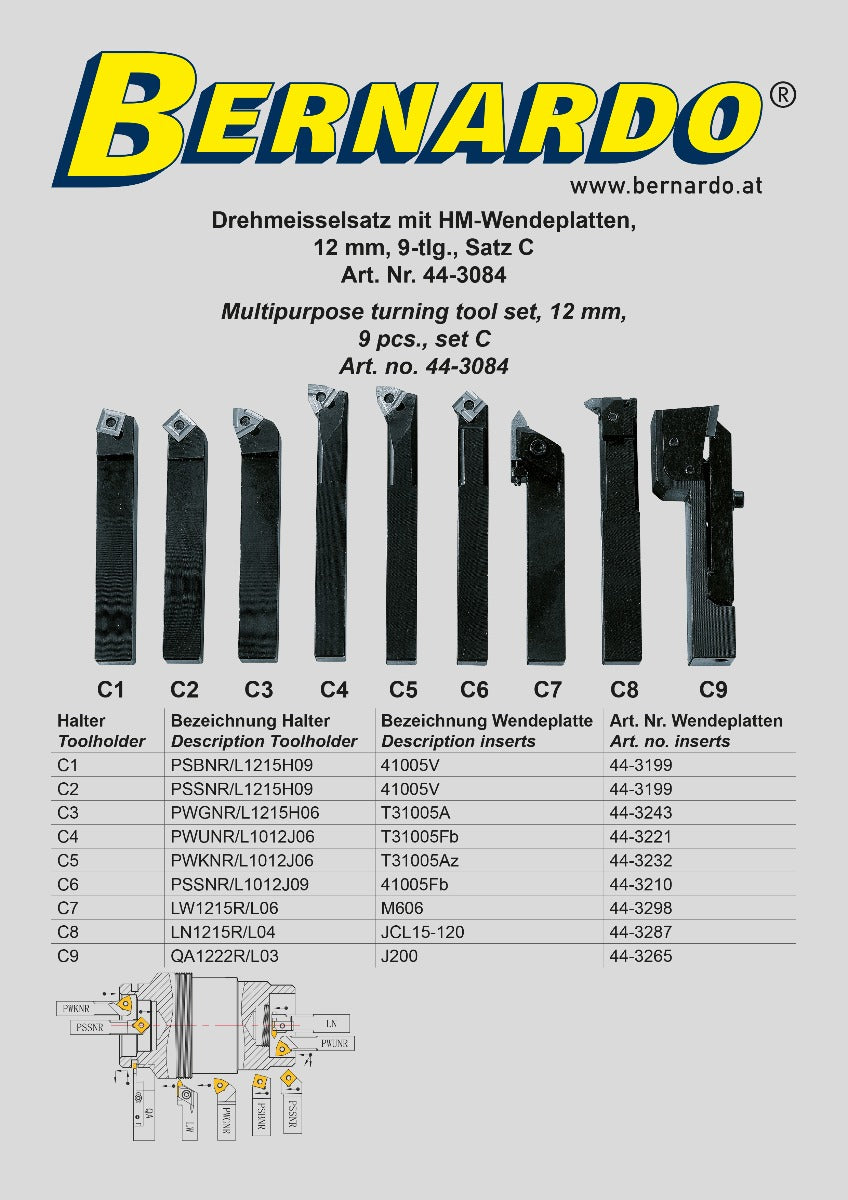 Set utensili tornitura Bernardo 12 mm – 9 pezzi con inserti HM