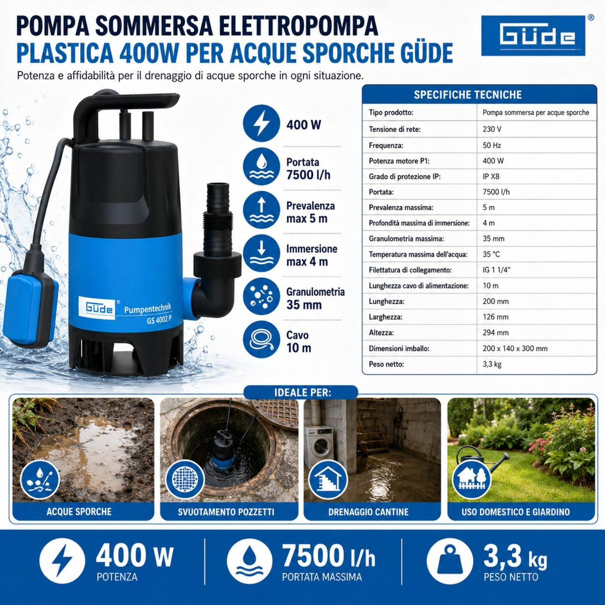 Potopna črpalka za umazano vodo Güde GS 4002 P
