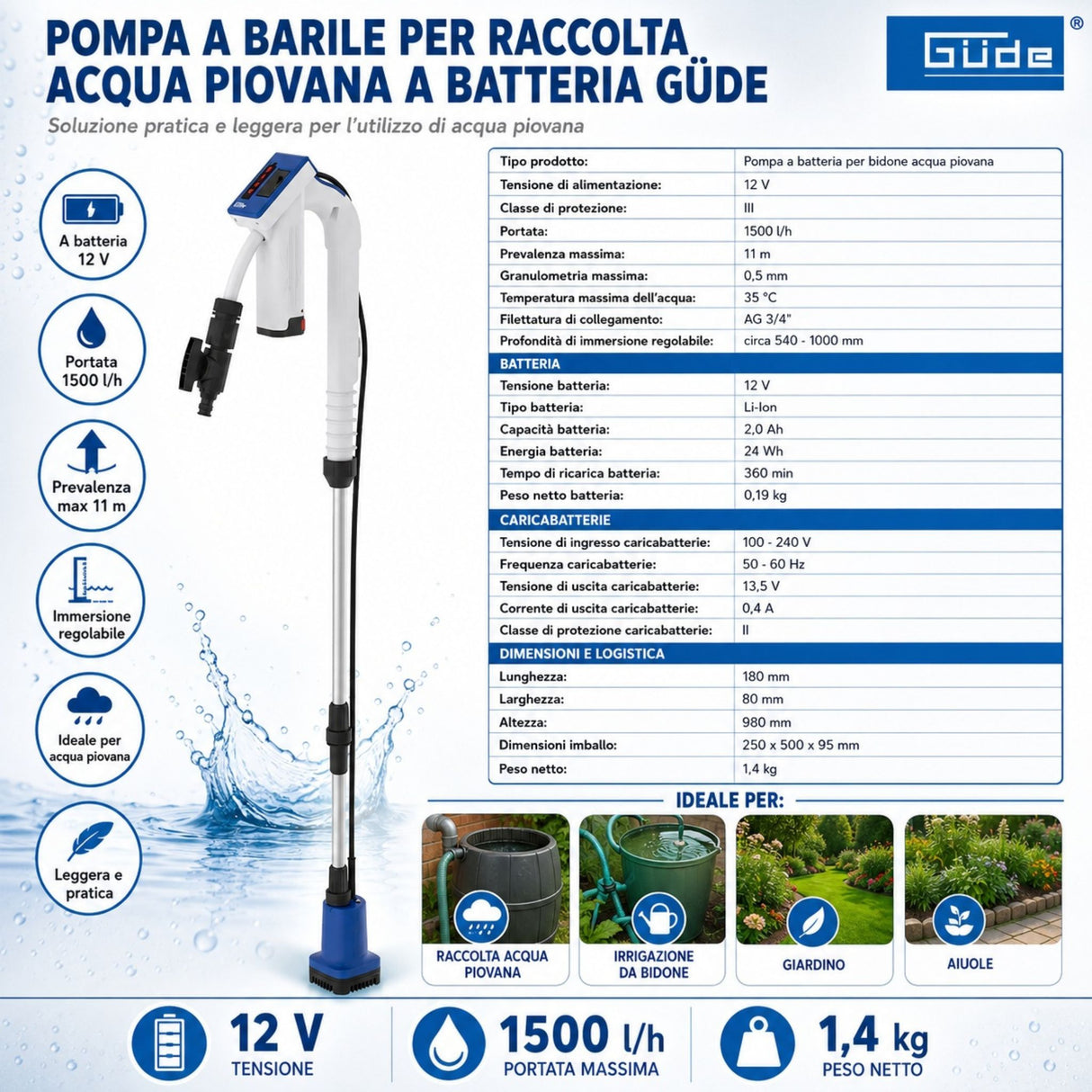 Baterijska črpalka za zbiralnik deževnice Güde RFP 12-201-04