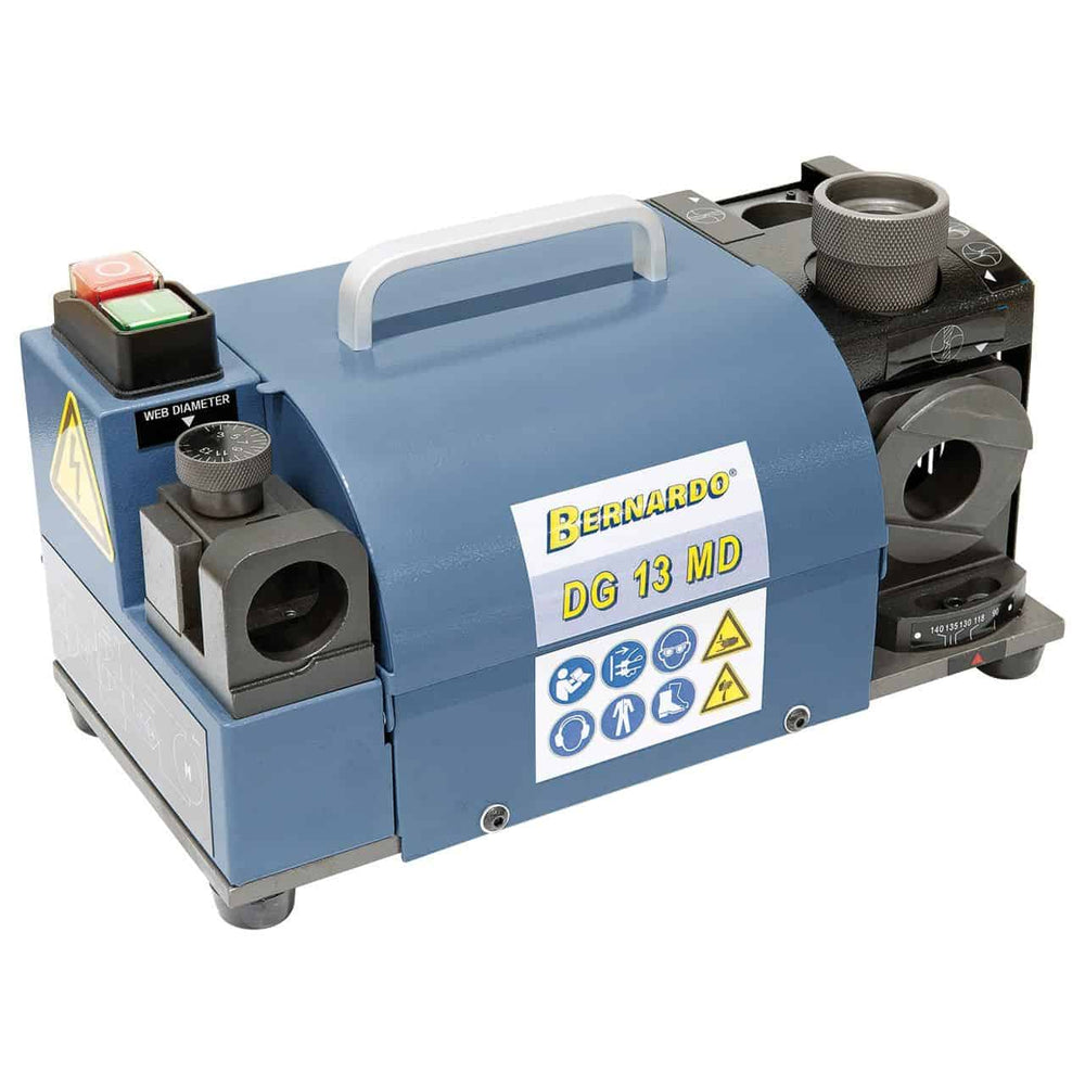Affilatrice Bernardo DG 13 MD con mola CBN e set pinze ER 20, dotata di stazione per rettifica di rilievo e assottigliamento punta.