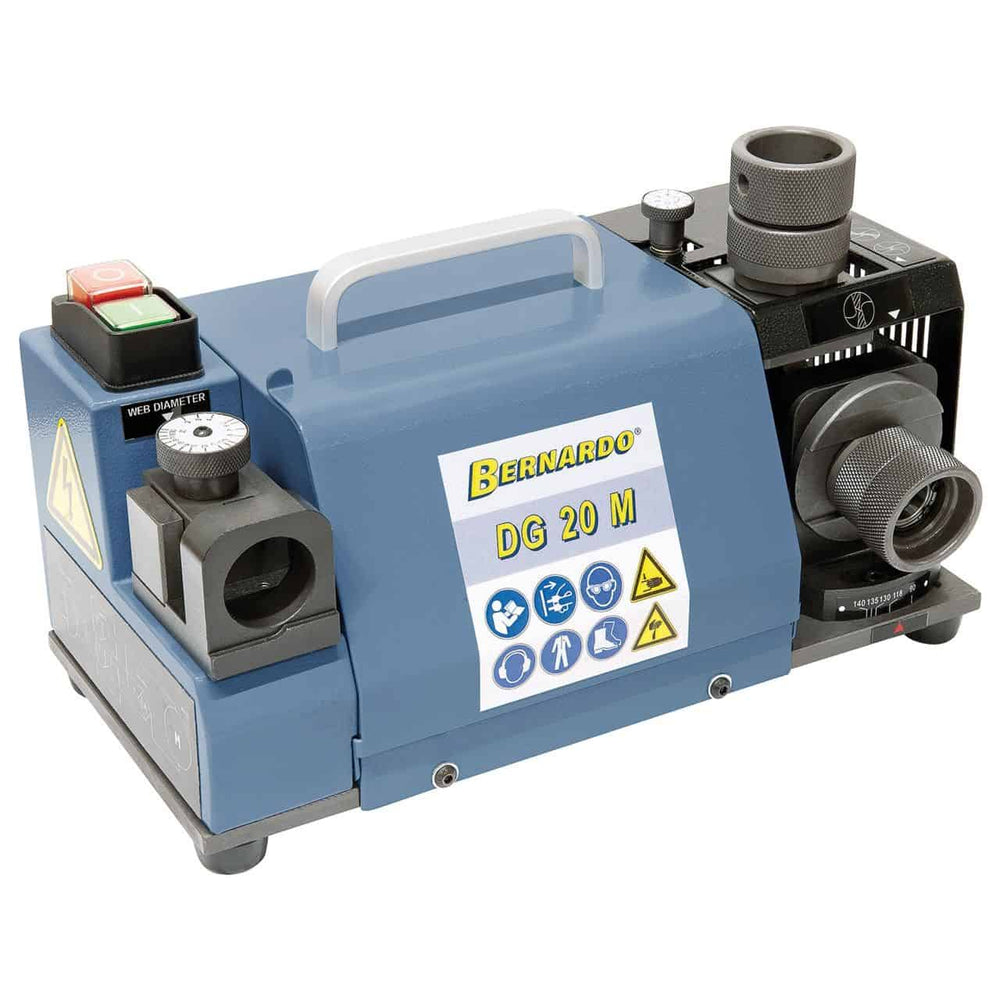 Affilatrice Bernardo DG 20 M per punte elicoidali Ø 2–20 mm, con mola CBN e set pinze ER 20/25 in dotazione.