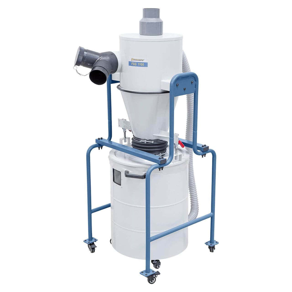 Aspiratore ciclonico Bernardo FSG 1100 con contenitore da 118 litri, adattatore a Y e finestra di ispezione per il controllo del riempimento, ideale per sistemi di aspirazione del legno.