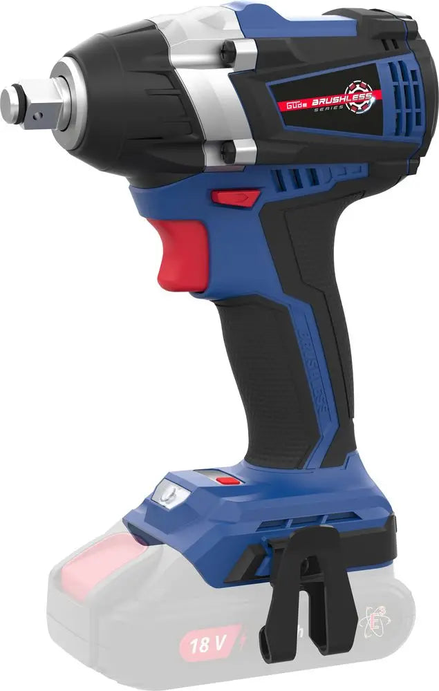 Avvitatore a impulsi Guede BSS 18 1/2-0 BL con motore Brushless, attacco 1/2” in metallo e 3 livelli di coppia regolabile fino a 300 Nm.